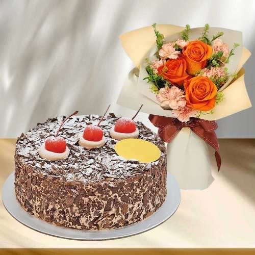 Flower And Black Forest Cake