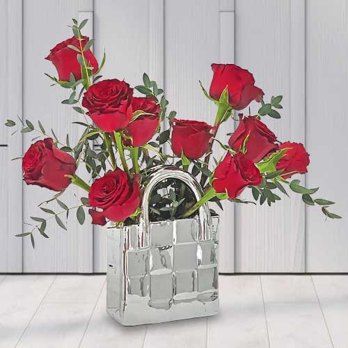 Chic Red Rose Handbag Vase Arrangement For Mom