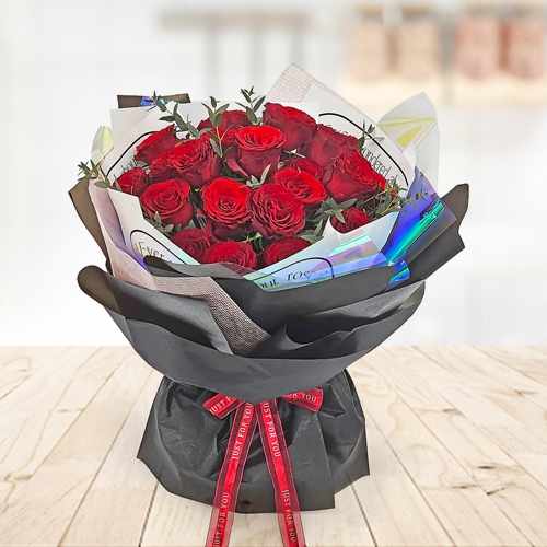 24 Red Roses With Eucalyptus: Pure Romance & Fresh Elegance