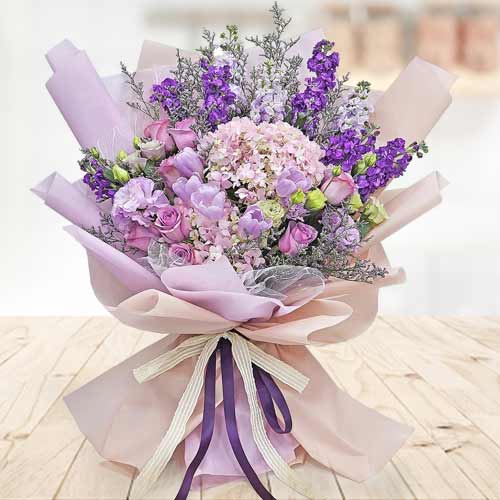 Purple Dream Bouquet: 8 Roses, Tulips & Hydrangeas