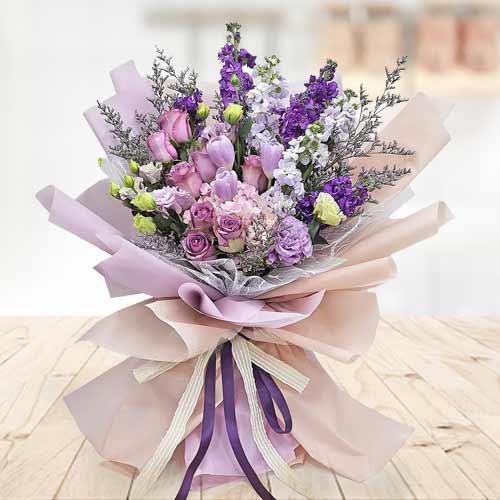 Purple Harmony Bouquet: Roses, Tulips & Hydrangeas