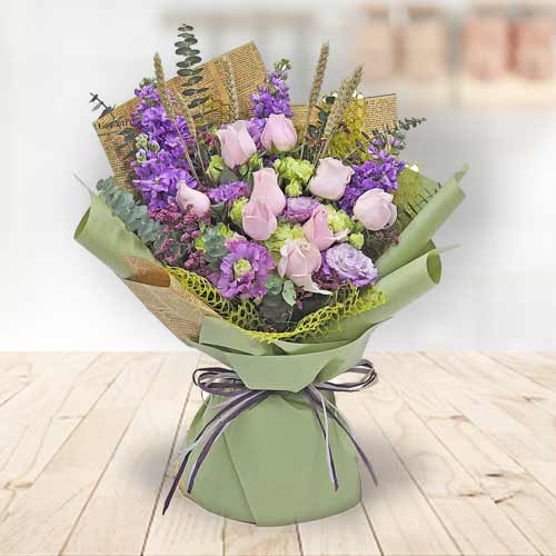 Blush & Harmony Bouquet: 10 Pink Roses With Pastel Mix