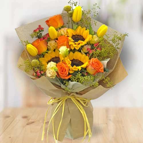 Sunny Joy Bouquet: Sunflowers, Tulips & Orange Roses