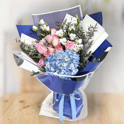 Elegant Pink & Blue Hydrangea Bouquet With Roses, Eustoma & Eucalyptus