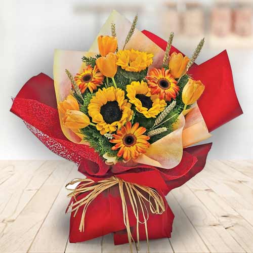 Sunflower & Orange Tulip Radiance Bouquet With Gerbera, Wheat & Pin Par
