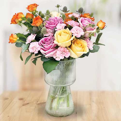 Elegant Pink & Champagne Rose Vase Arrangement With Erygium & Eucalyptus