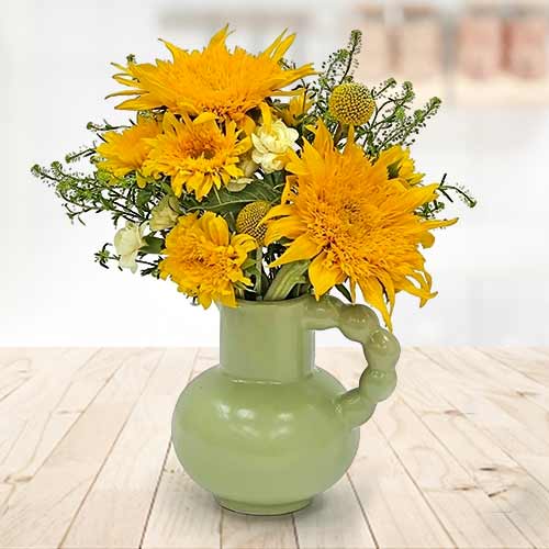 Sunflower Double Petal Floral Arrangement In Green Ceramic Jug Vase