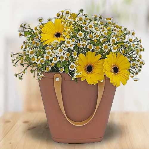 Yellow Gerbera & Chamomile Floral Handbag Vase For Singapore Gifting