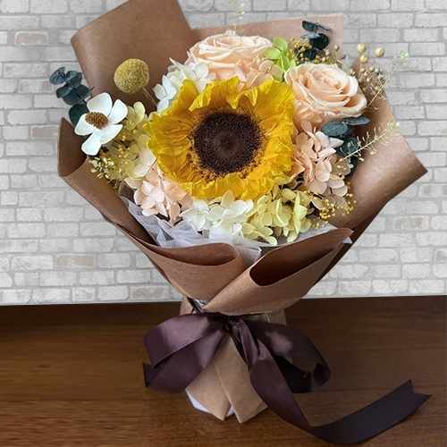 Golden Hour – Preserved Sunflowers & Champagne Roses Bouquet