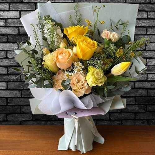 Soft Yellow & Peach Floral Bouquet For Singapore Special Occasions