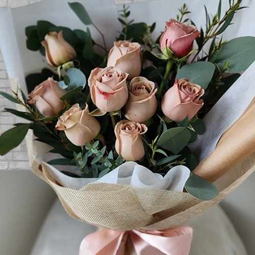 Cappucino Roses And Eucalyptus  (9 Stalk)-Charlotte Cappuccino Rose Bouquet For Elegant Singapore Gifting