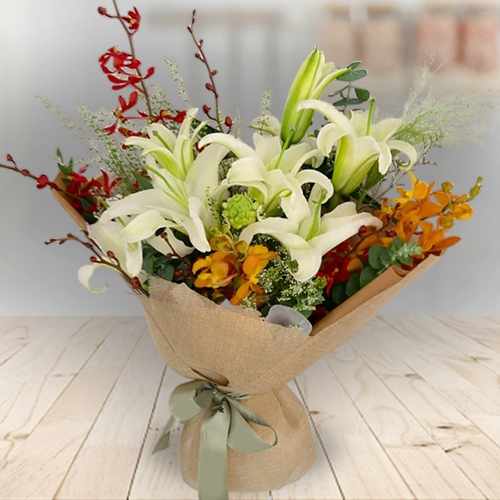 Elegant Lilies & Orchid Bouquet With Lush Greenery