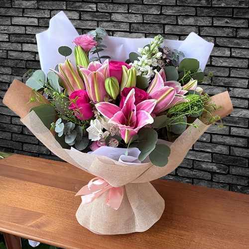 Pink Lily & Rose Bouquet With Fresh Greenery