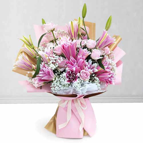 - Pink Rose And Lily Flower Bouquet